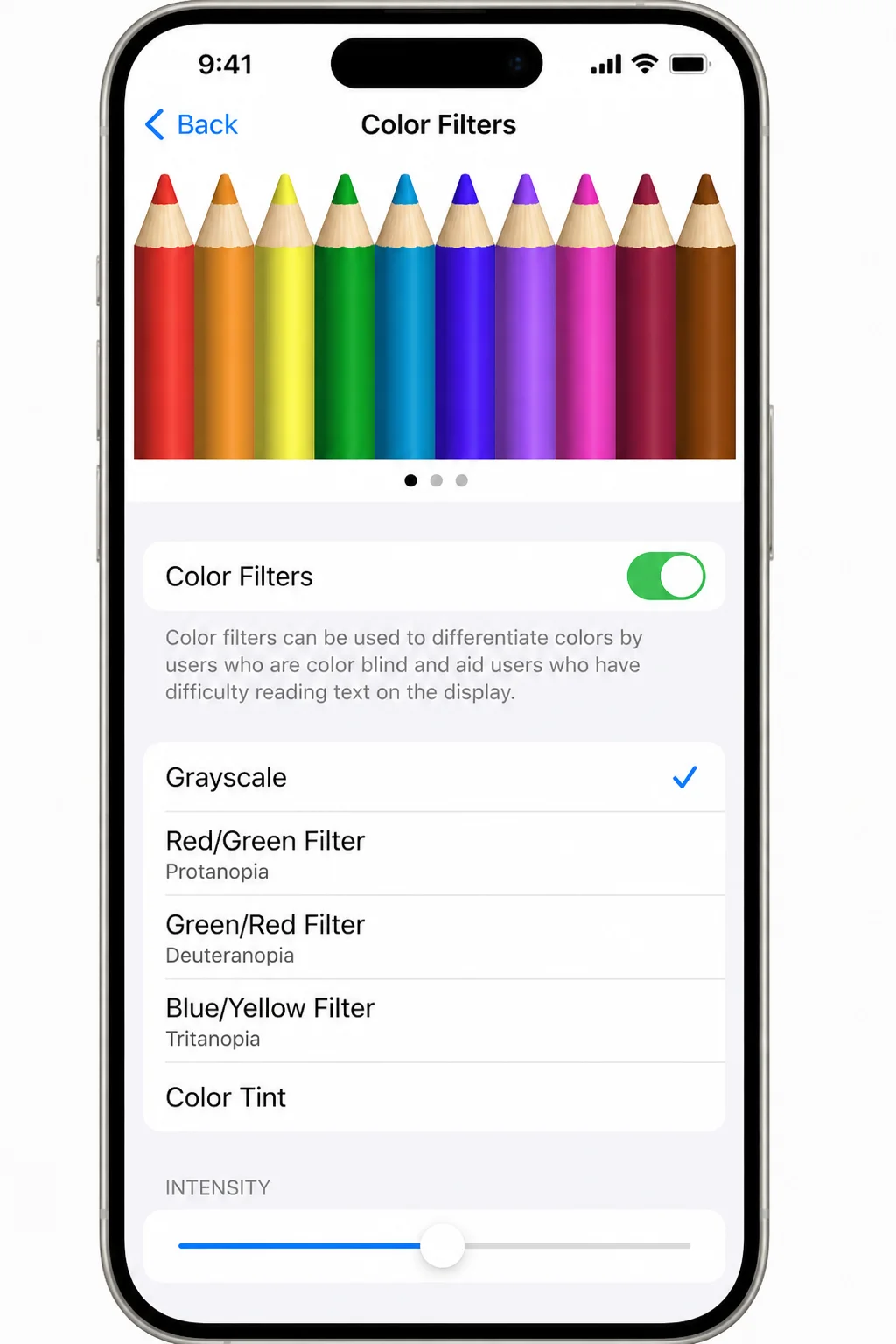 iOS Settings app > Accessibility > Display & Text Size > Color Filters screen with Color Filters toggle turned on and Grayscale option selected