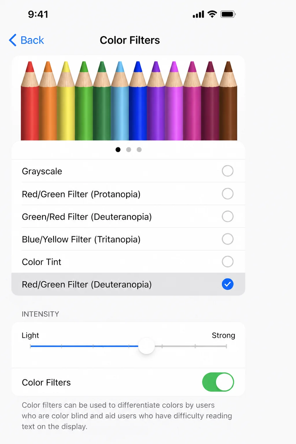 iOS Settings app > Accessibility > Display & Text Size > Color Filters with Red/Green Filter (Deuteranopia) selected and the Intensity slider visible below