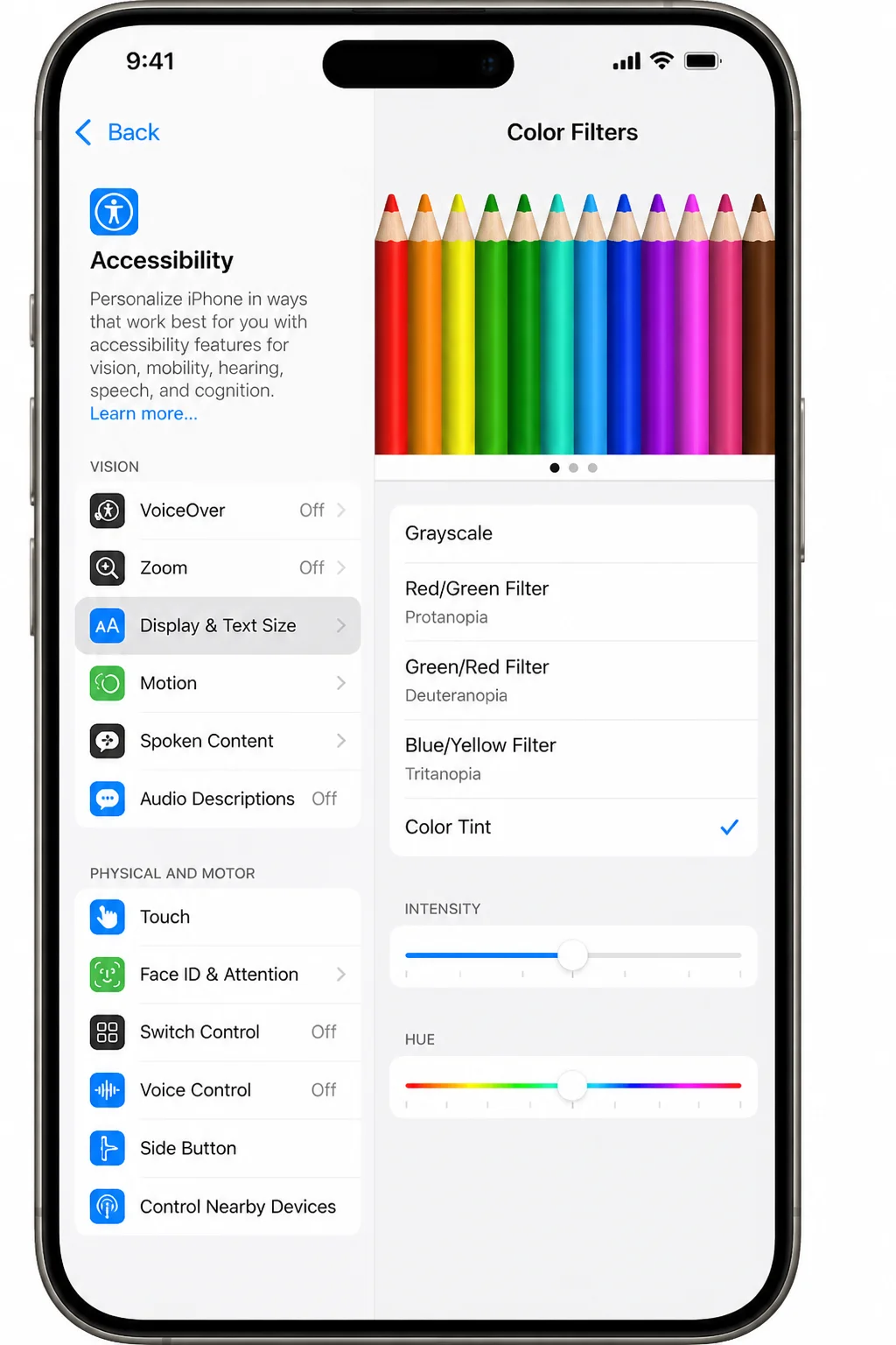 iOS Settings app > Accessibility > Display & Text Size > Color Filters with Color Tint selected, showing both the Intensity and Hue sliders
