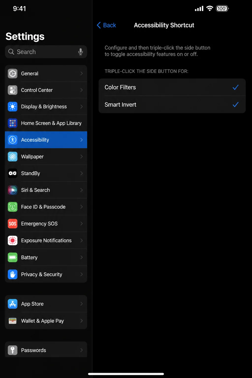 iOS Settings app > Accessibility > Accessibility Shortcut screen with Color Filters and Smart Invert checkmarked