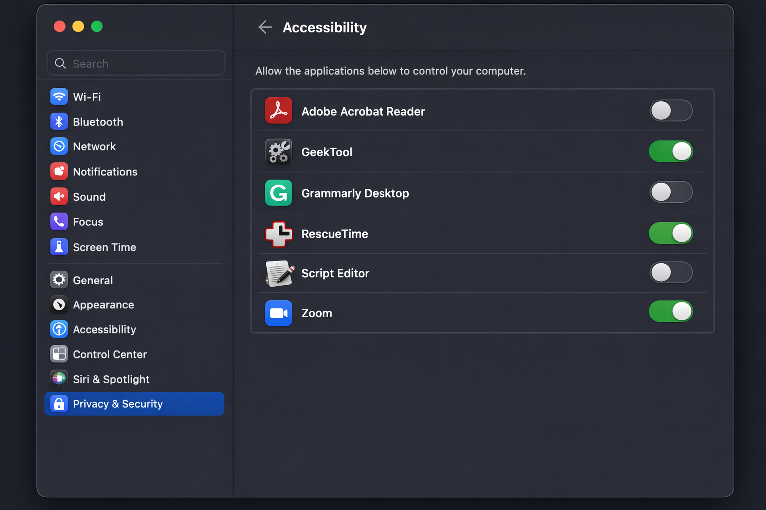 macOS System Settings > Privacy & Security > Accessibility with GeekTool listed and toggled on