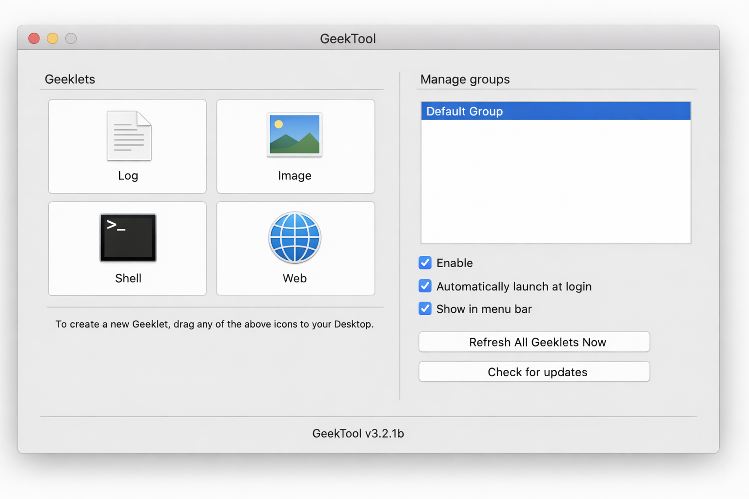 GeekTool main panel showing Shell, Image, Web, and Log geeklet icons available to drag onto the desktop