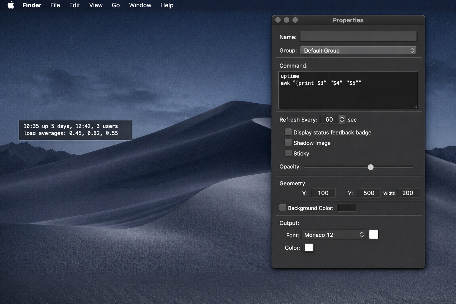 GeekTool desktop with an empty Shell geeklet placed on the wallpaper and the Properties panel open on the right side