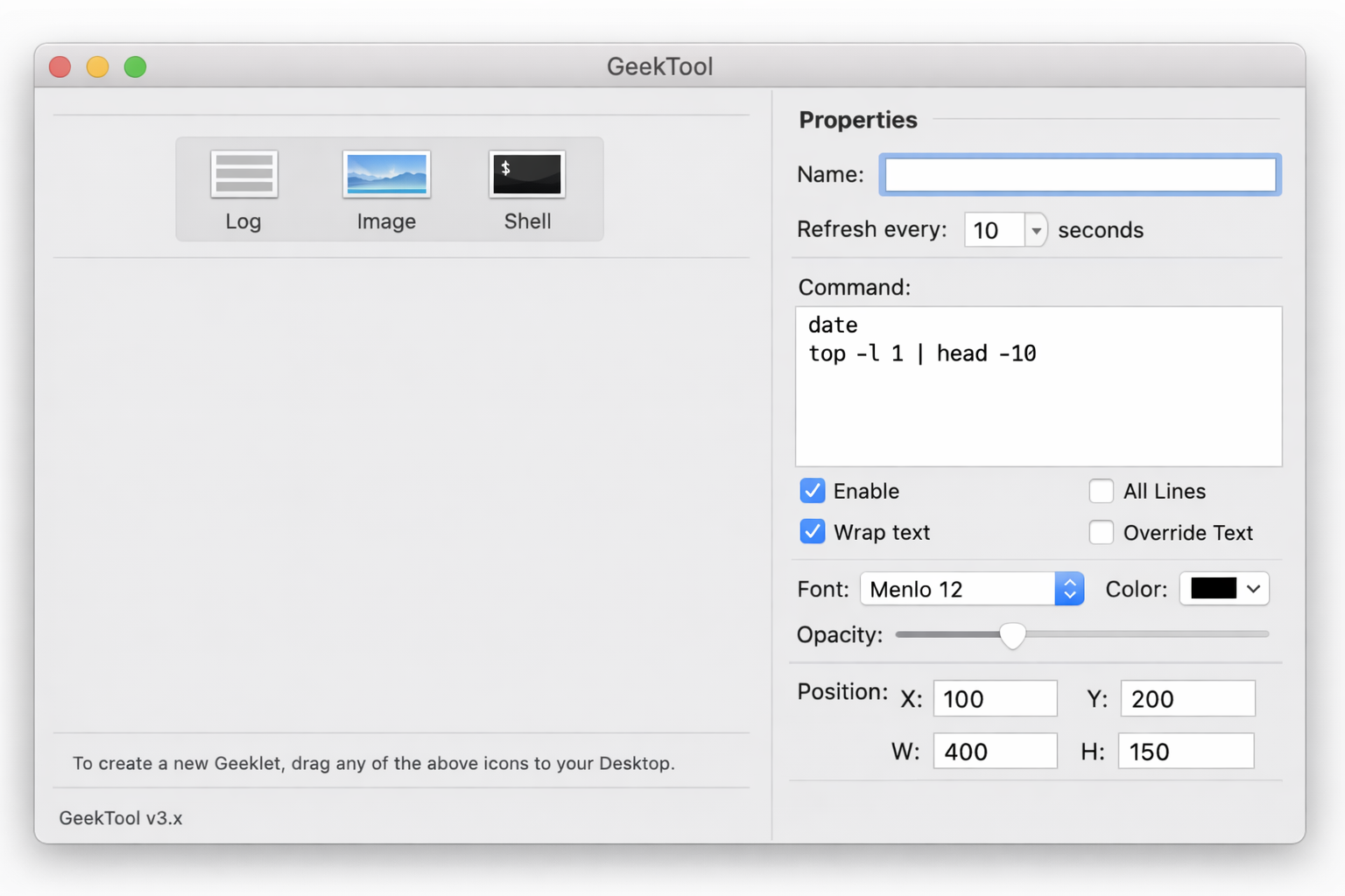 GeekTool Properties panel with the Edit Script window open, showing a shell command entered in the text field