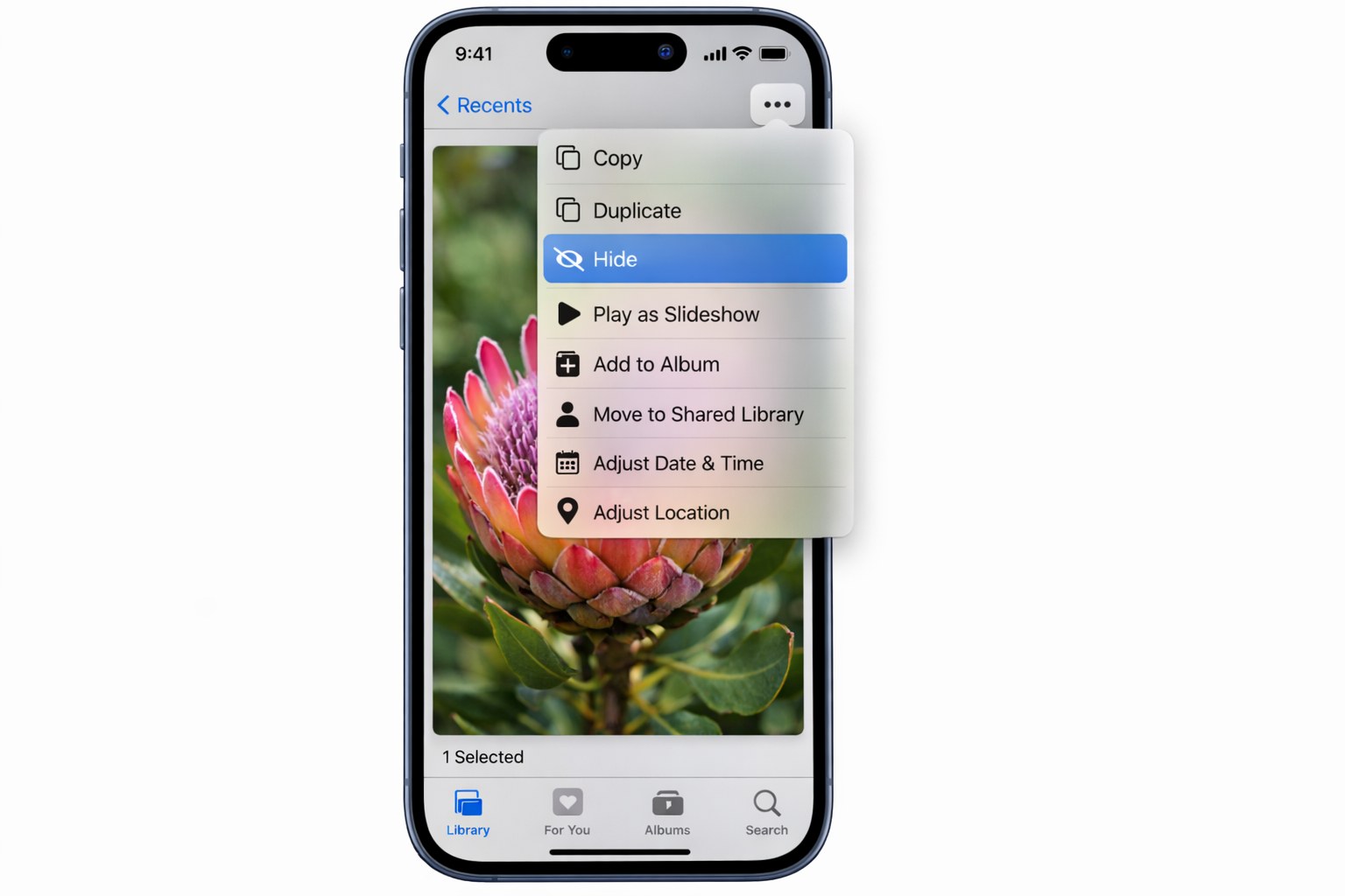 Photos app on iOS 26 with one photo selected and the three-dot menu icon highlighted in the top-right corner, showing the