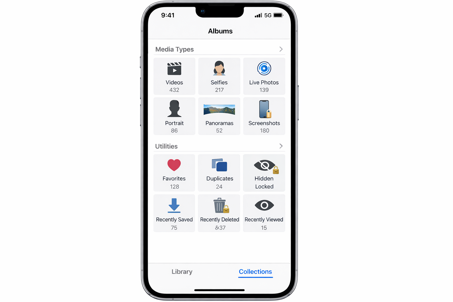 Photos app Albums tab on iOS 26 with the Utilities section expanded, showing the Hidden album with a lock icon indicating