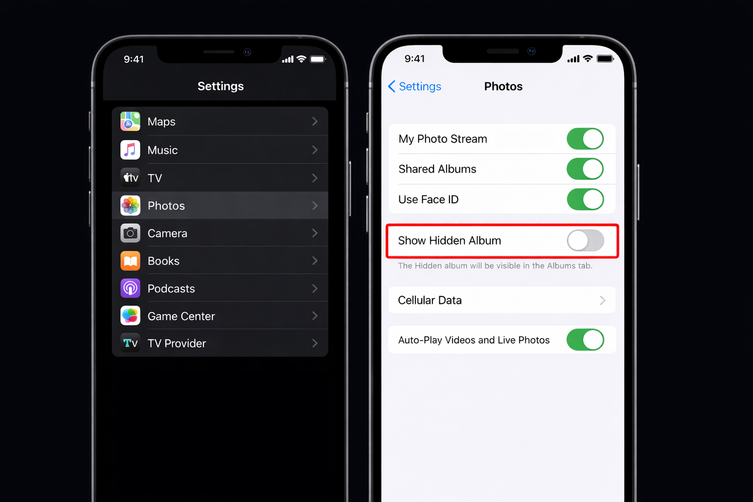 iOS Settings app > Apps > Photos with the Show Hidden Album toggle highlighted in the off position