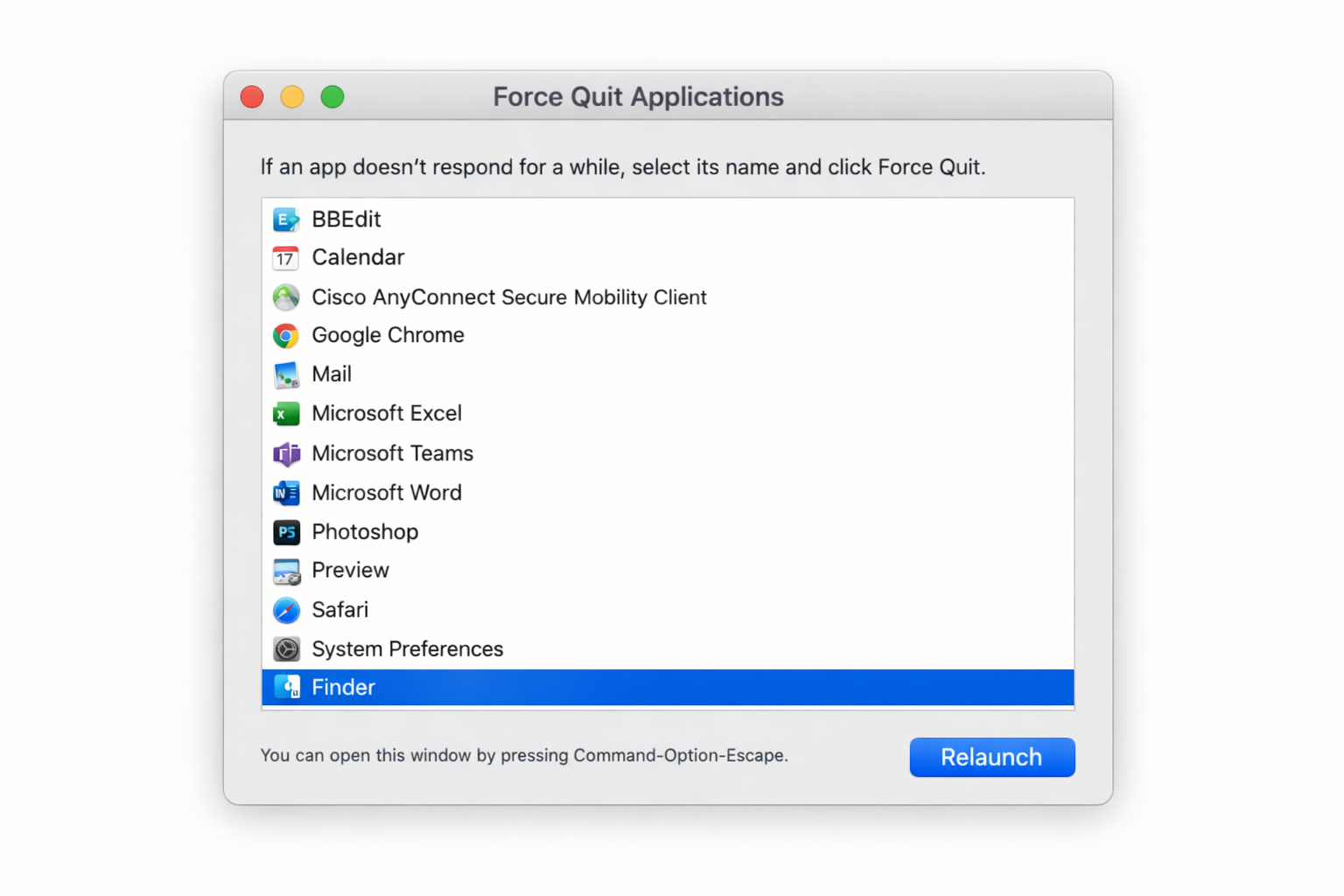 Force Quit Applications window with Finder selected in the list and the Relaunch button highlighted