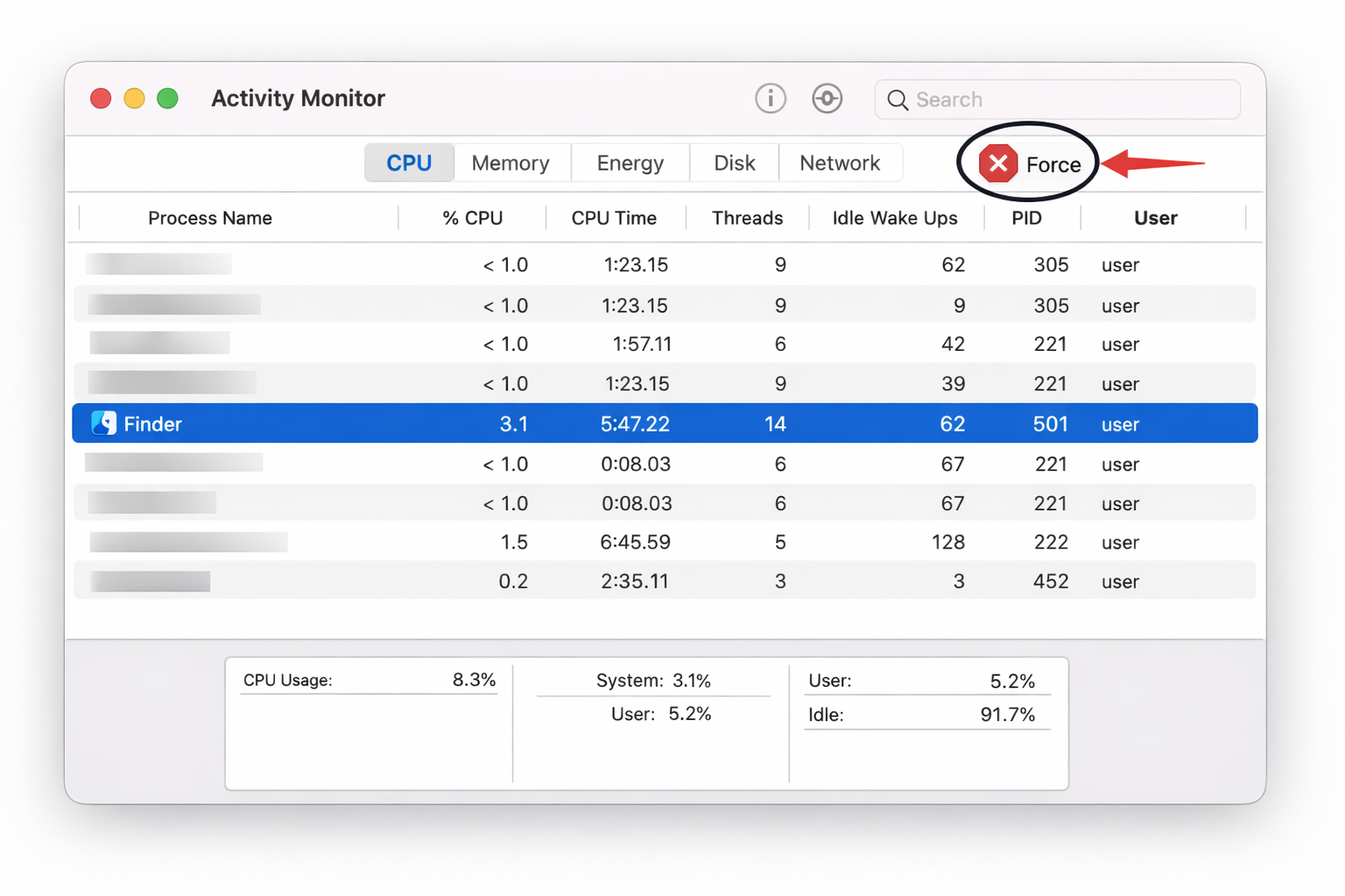 Activity Monitor window with the Finder process selected in the CPU tab and the Force Quit (X) button highlighted in the toolbar