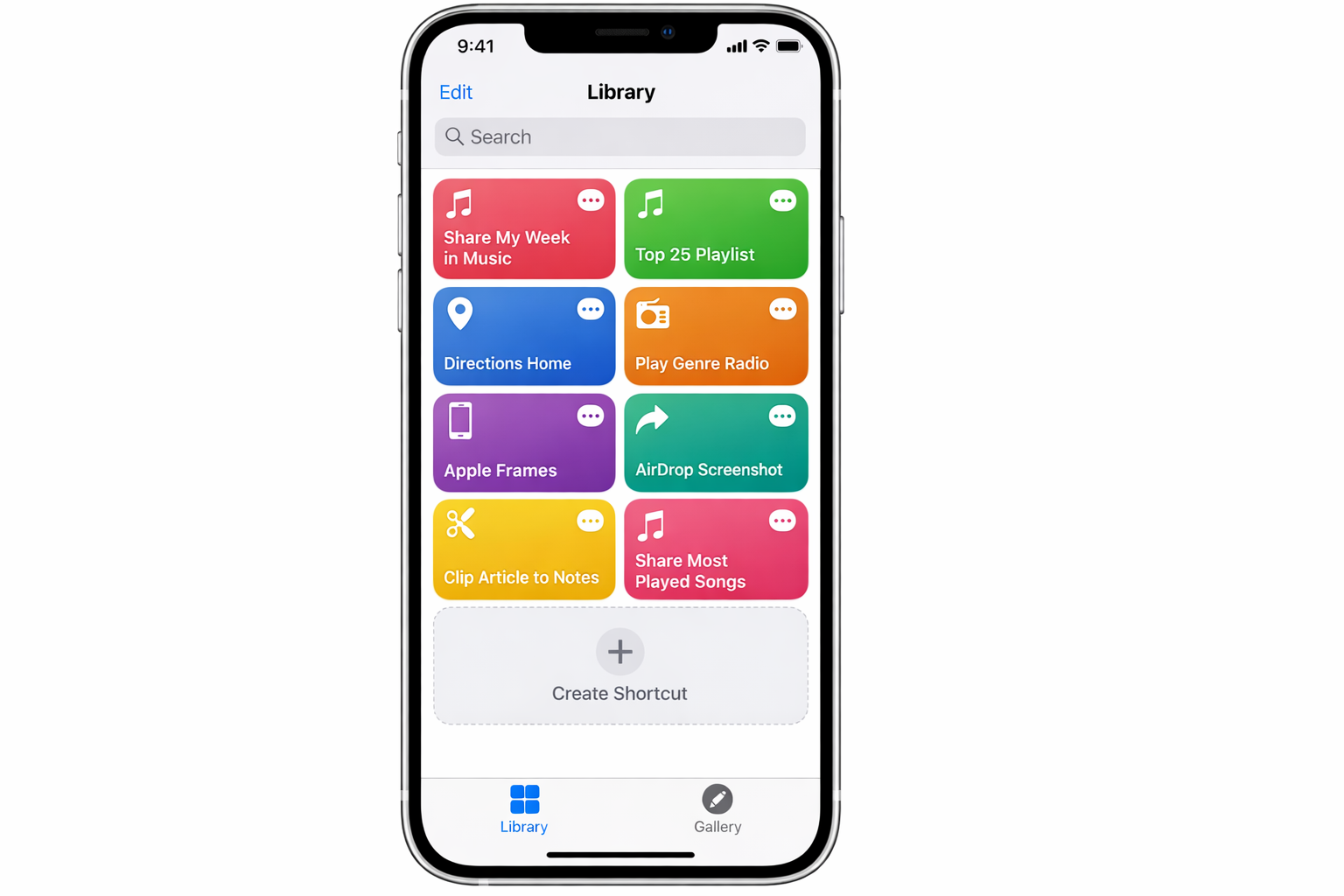 iOS Shortcuts app open on the My Shortcuts tab, showing a library of several user-created shortcuts with colorful icons