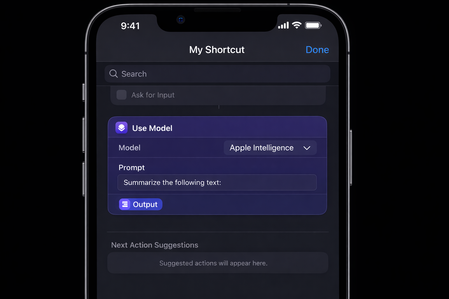 Shortcuts editor showing the "Use Model" action block configured with Apple Intelligence selected as the model, a prompt field visible with sample text, and the output variable shown below
