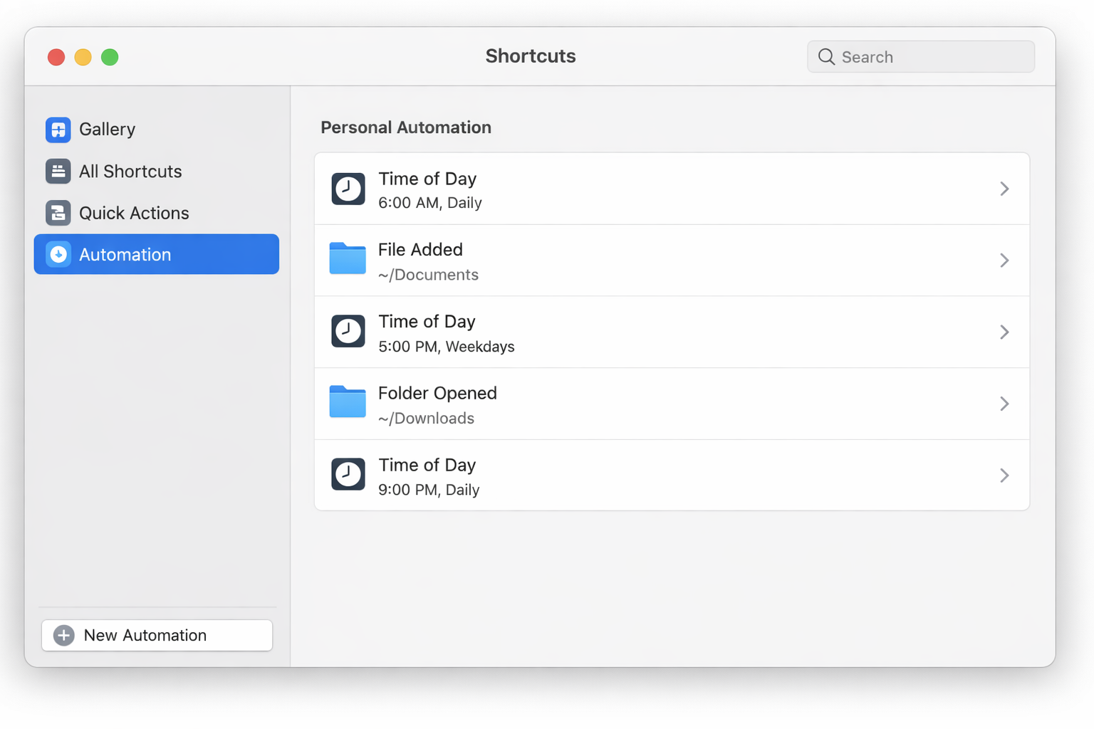 macOS Shortcuts app showing the My Shortcuts library with synced shortcuts visible, and the Automation tab highlighted in the sidebar showing personal automation triggers including Time of Day and File events