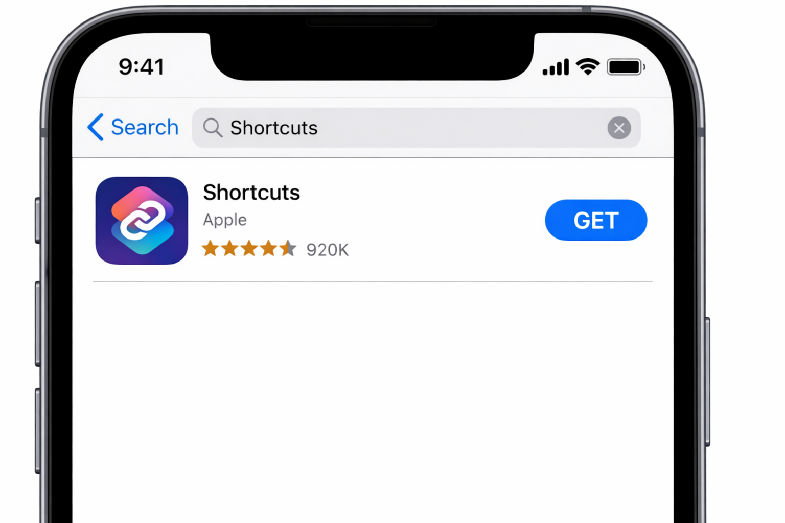 App Store search results showing the Shortcuts app by Apple, with the Get or Open button visible