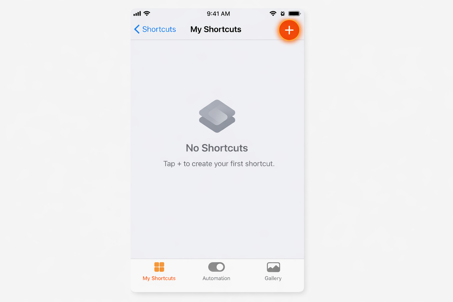 Shortcuts app My Shortcuts tab, empty state, with the + button in the top-right corner highlighted