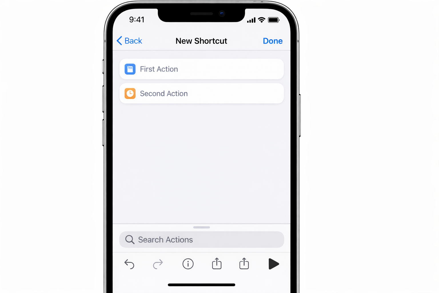 Shortcuts editor open with an empty shortcut canvas and the Add Action search bar visible at the bottom of the screen