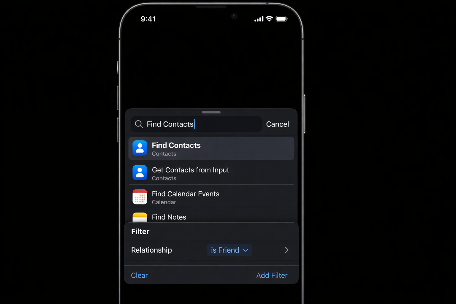 Shortcuts action search results showing "Find Contacts" action highlighted, with the relationship filter option visible in the action configuration