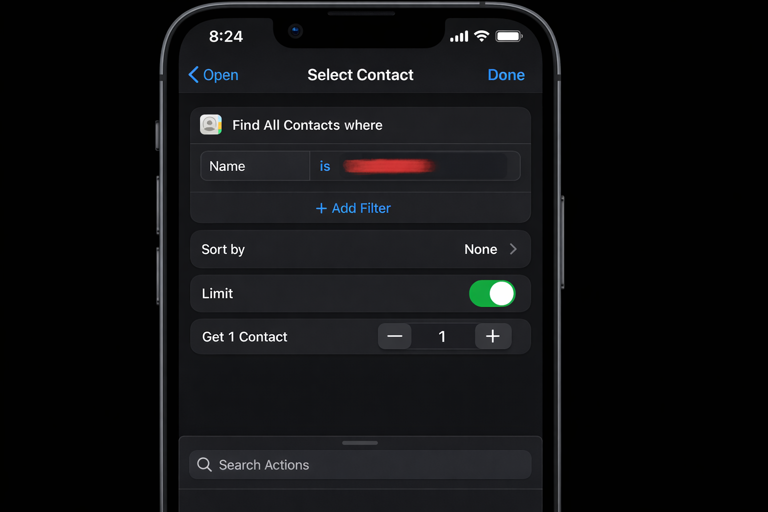Shortcuts editor showing the Find Contacts action block configured with a Name filter, a specific contact name entered in the filter field