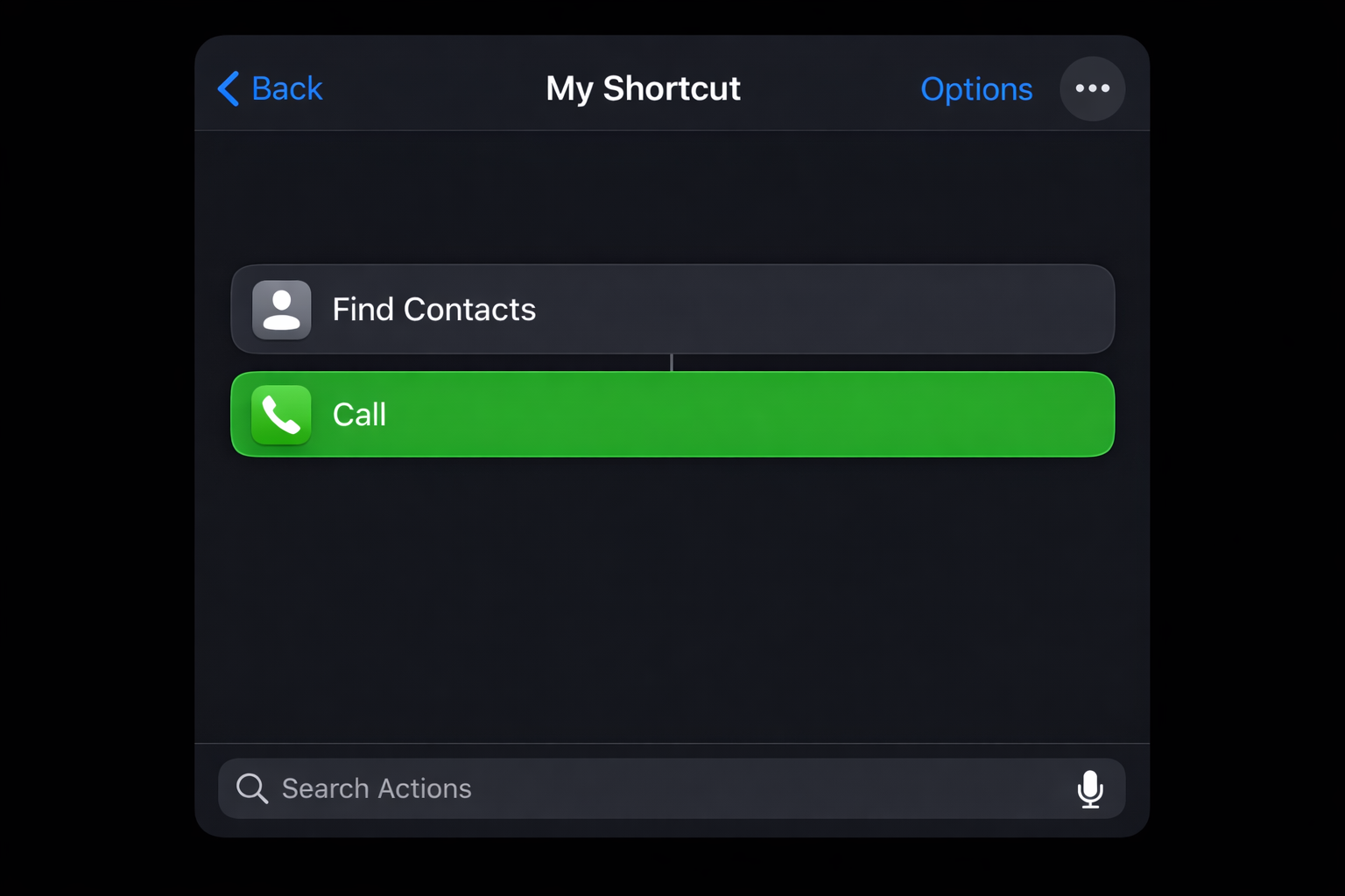Shortcuts editor showing two action blocks in sequence: Find Contacts followed by Call, with the Call action block highlighted