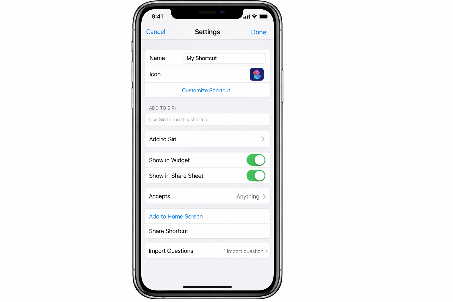 Shortcuts editor settings panel open, showing options for shortcut name, icon, color picker, Add to Home Screen, Add to Siri, and Show in Widget toggles