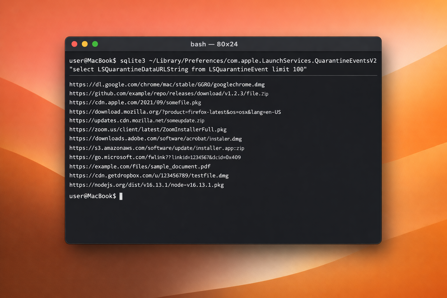 Terminal window open on macOS Sequoia showing the sqlite3 quarantine query command typed out, with a list of downloaded URLs