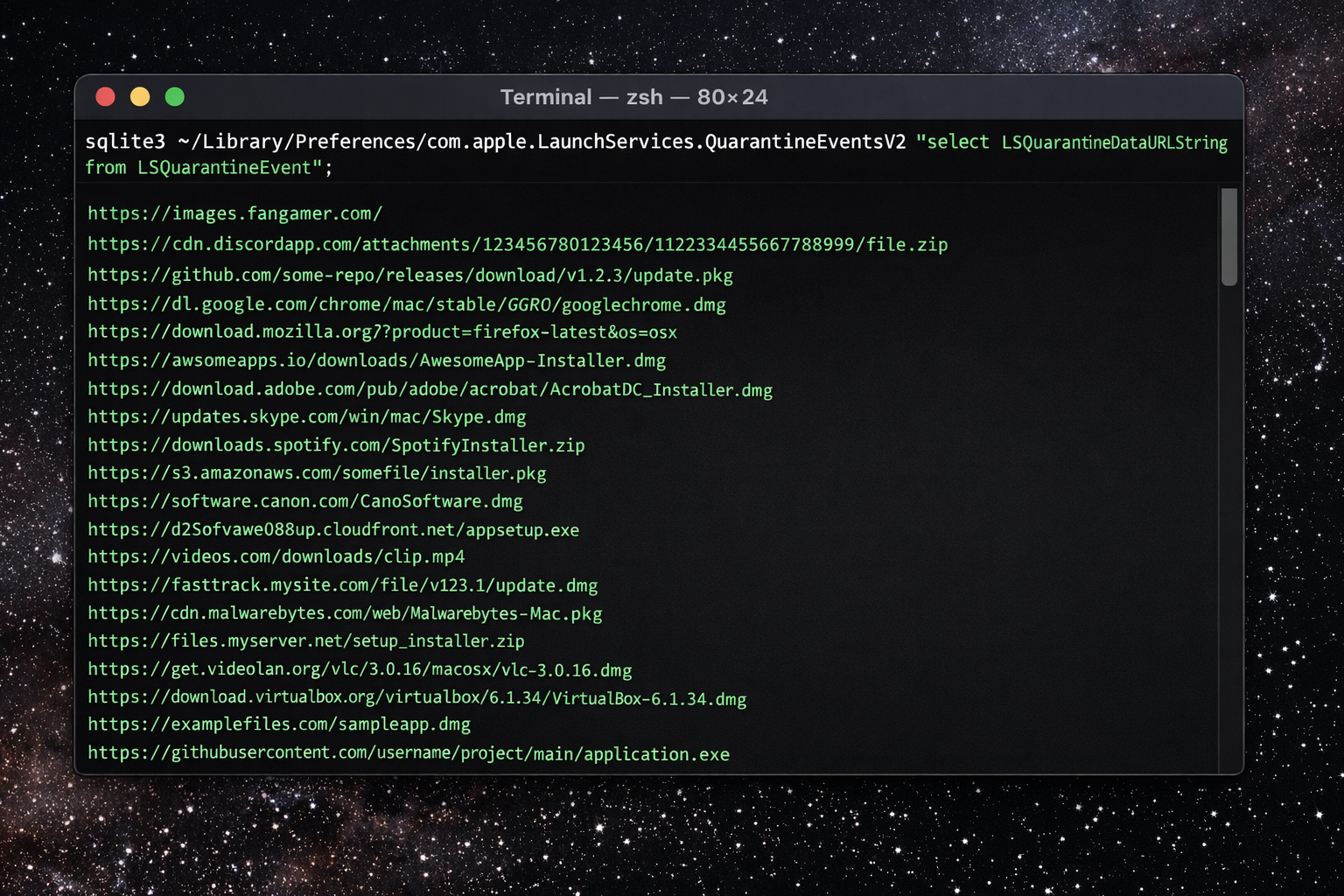 Terminal on macOS Sequoia showing the output of the sqlite3 quarantine select query, with a long list of download URLs