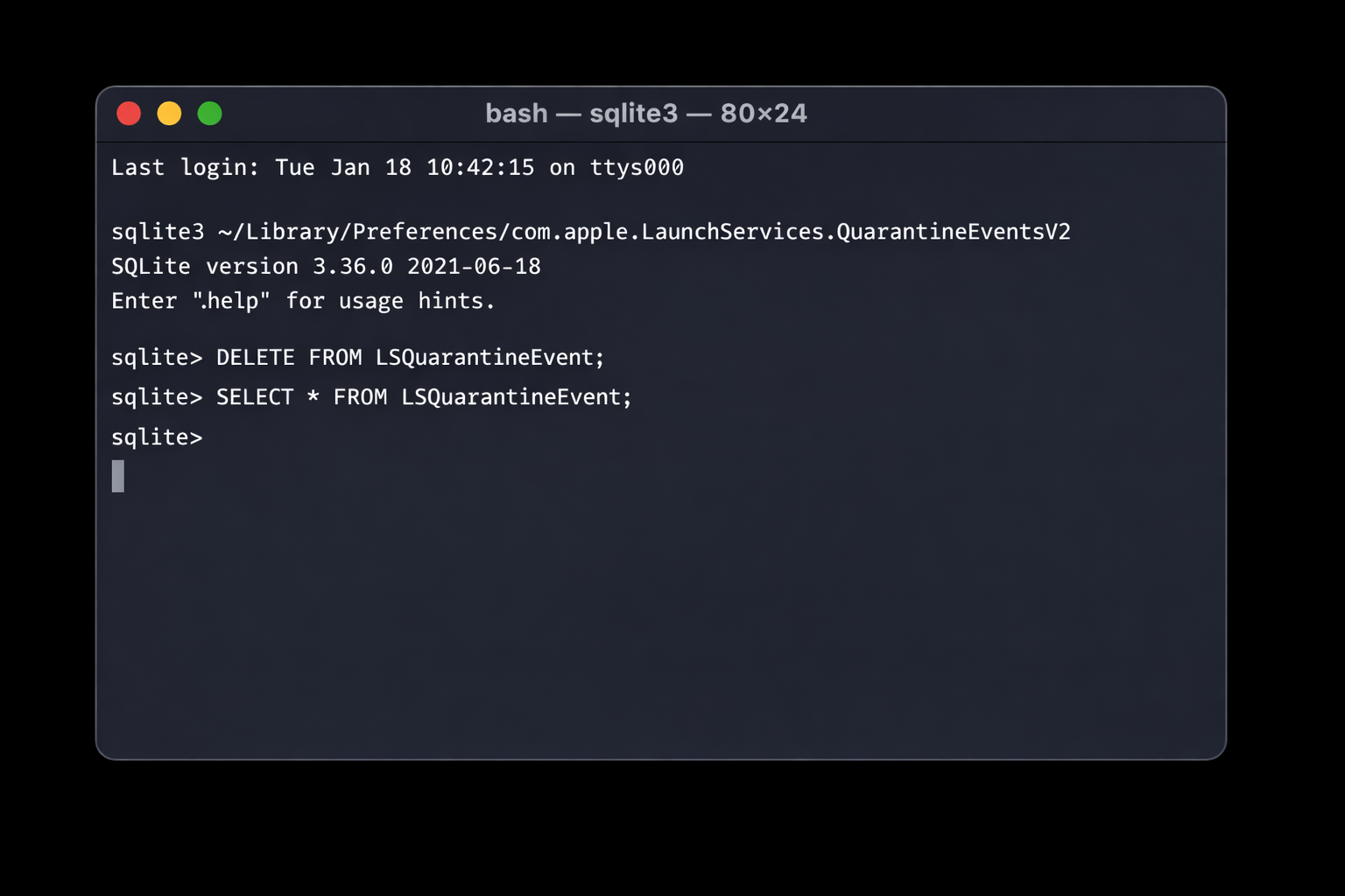 Terminal on macOS Sequoia showing the sqlite3 delete command followed by the select query returning an empty result