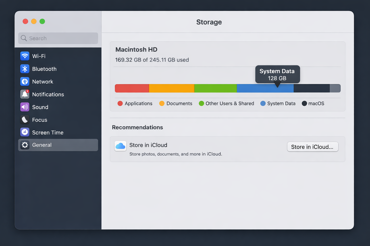macOS System Settings > General > Storage showing the storage breakdown with System Data highlighted and the storage