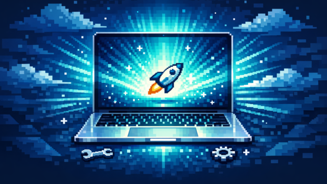 Laptop with a glowing rocket launch on the screen, set against a blue pixel-art space background.