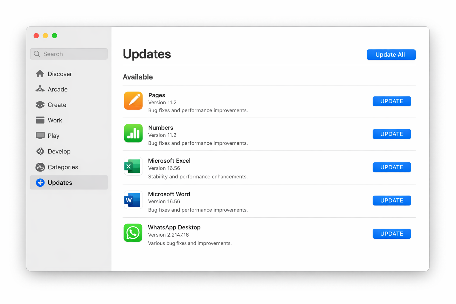 Mac App Store with the Updates tab open showing several pending app updates and an Update All button in the top-right corner