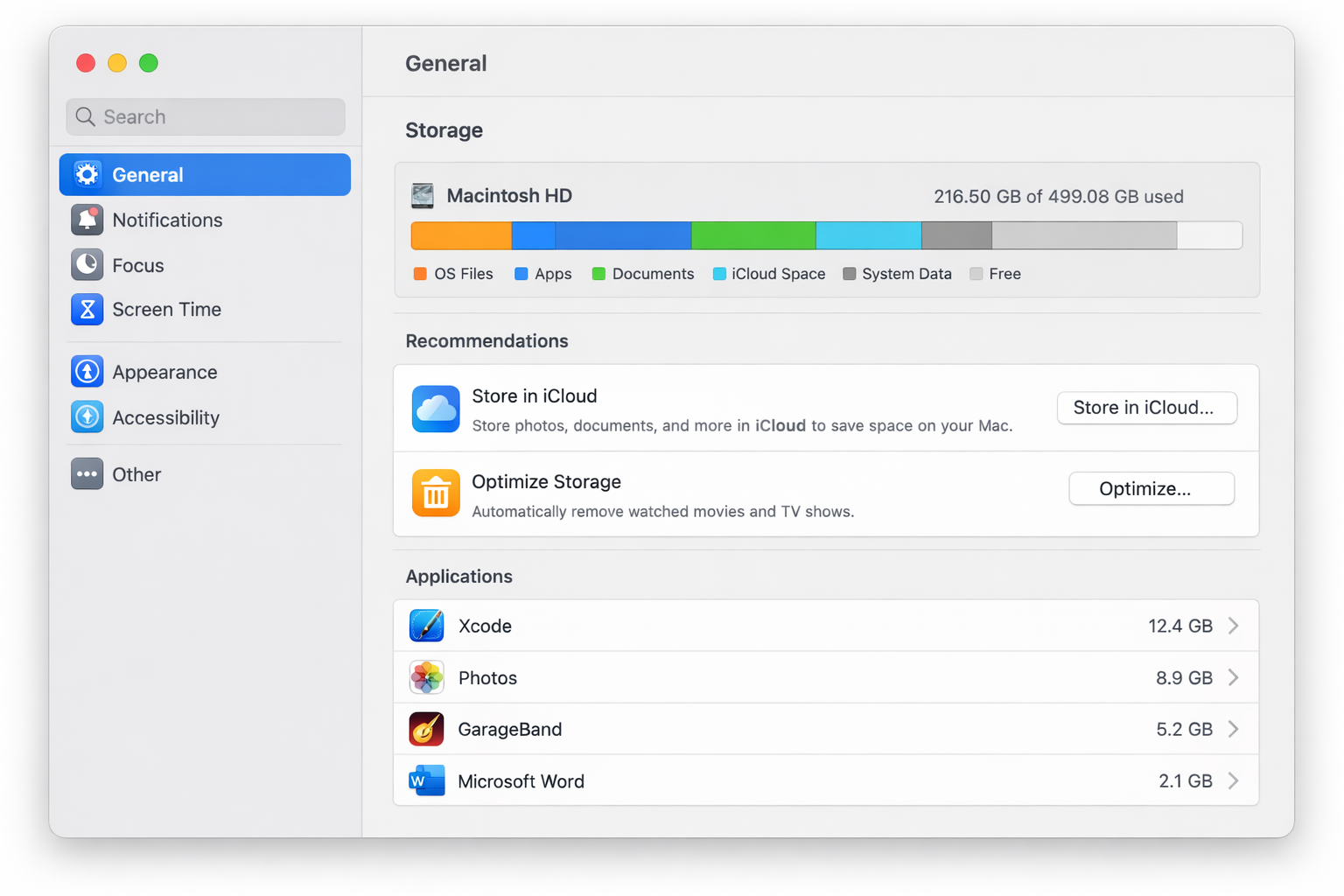 macOS System Settings > General > Storage showing the storage bar broken down by category (Apps, Documents, iCloud Drive