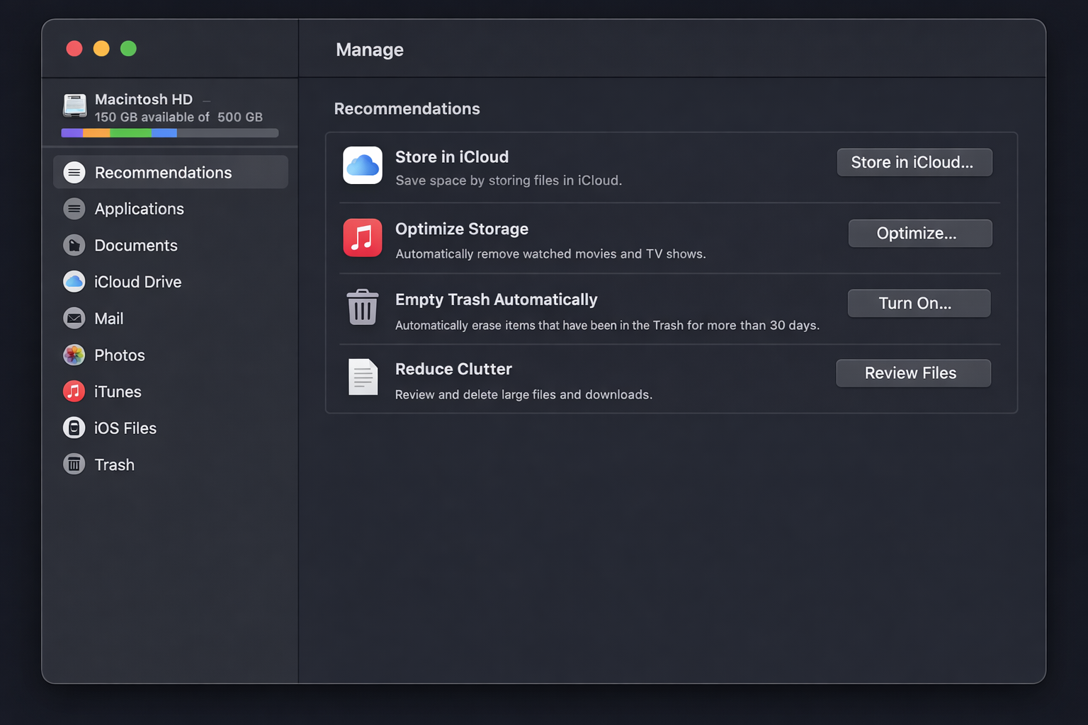 macOS System Settings > General > Storage > Manage showing storage recommendations panel with Store in iCloud, Optimize