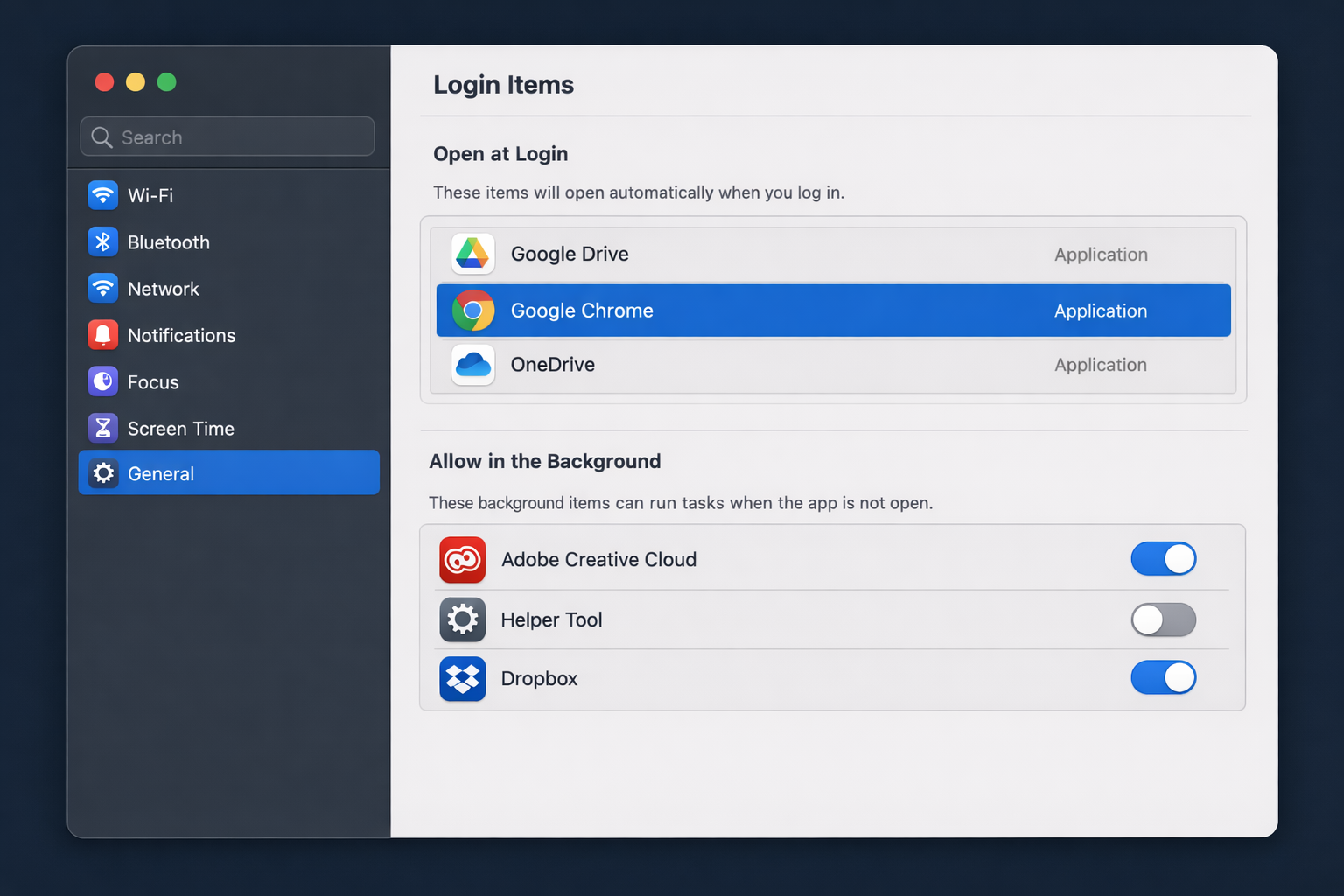 macOS System Settings > General > Login Items & Extensions showing a list of apps under "Open at Login" with toggle