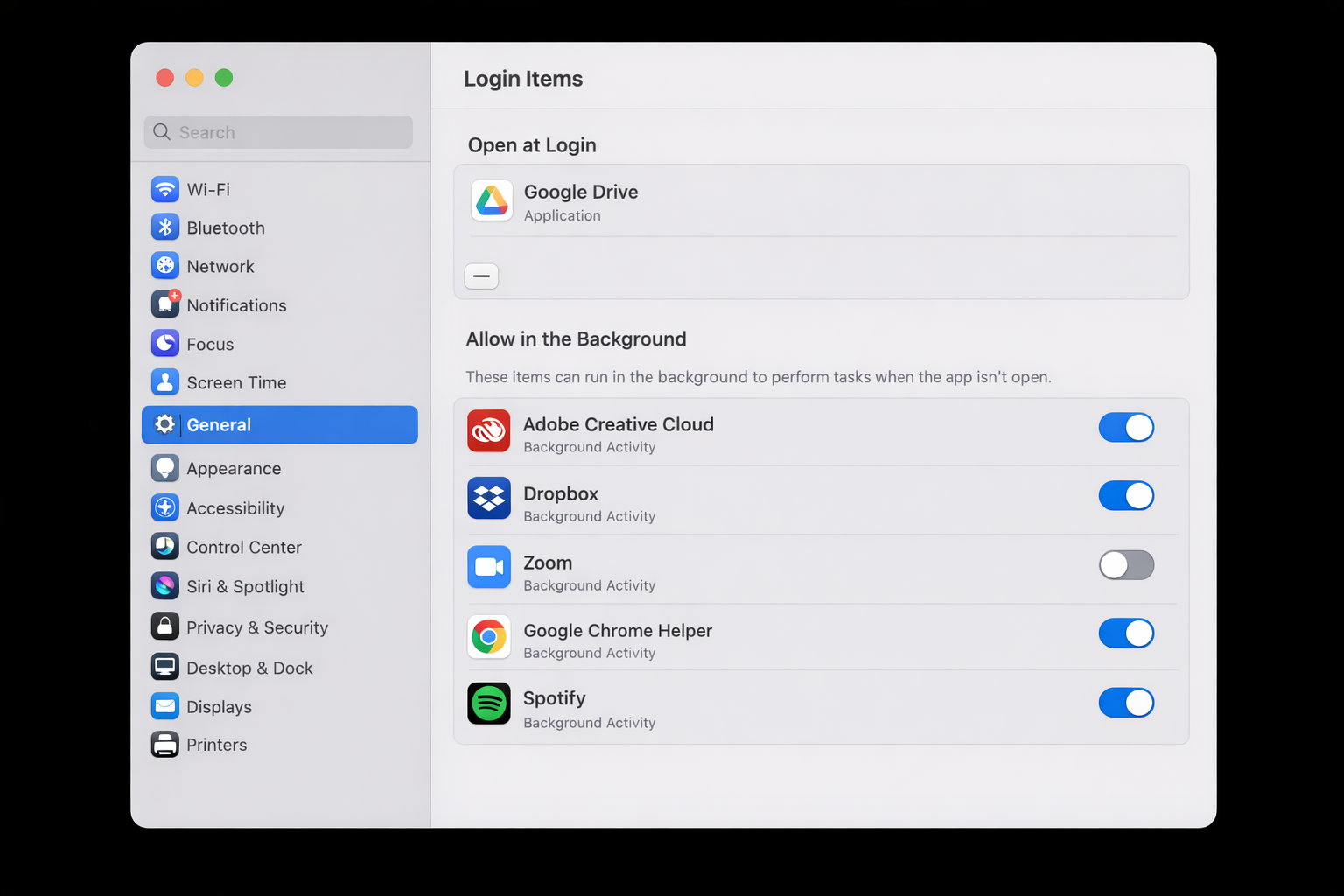 macOS System Settings > General > Login Items & Extensions with the "Allow in Background" section expanded, showing several