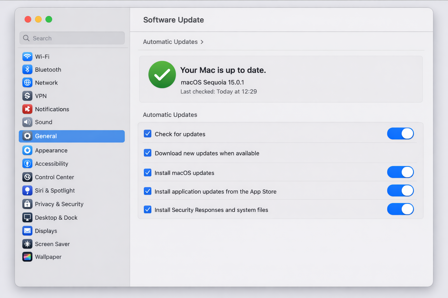 macOS System Settings > General > Software Update showing macOS Sequoia is up to date, with the Automatic Updates section