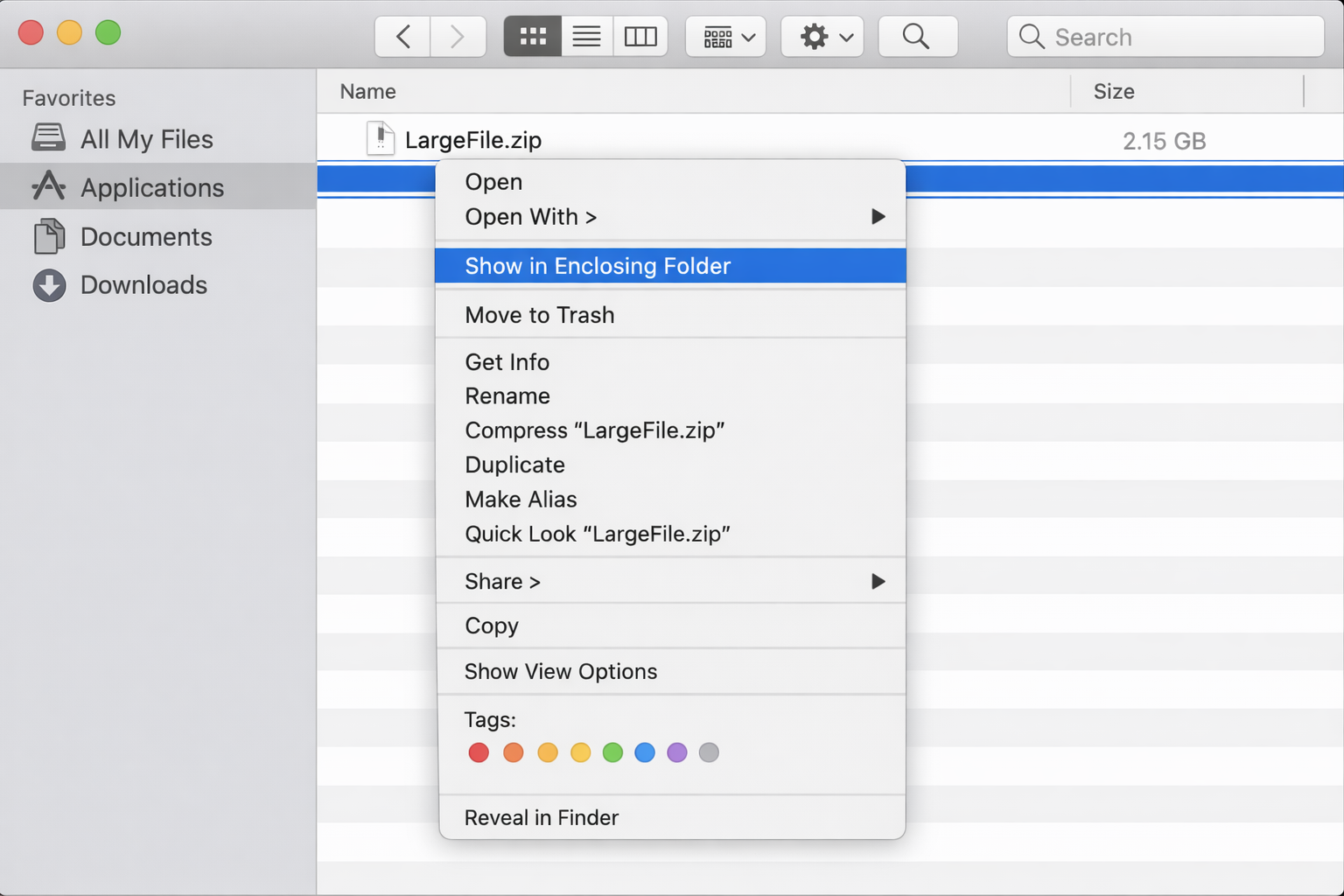 Finder right-click context menu on a large file with Show in Enclosing Folder highlighted