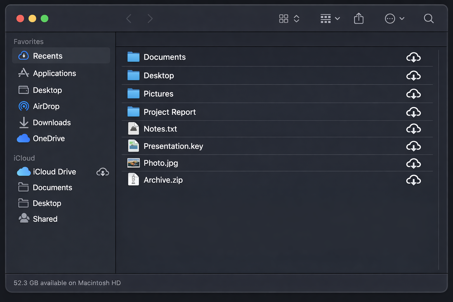 Finder sidebar showing iCloud Drive with a folder that has a cloud download icon indicating it is stored in iCloud but not