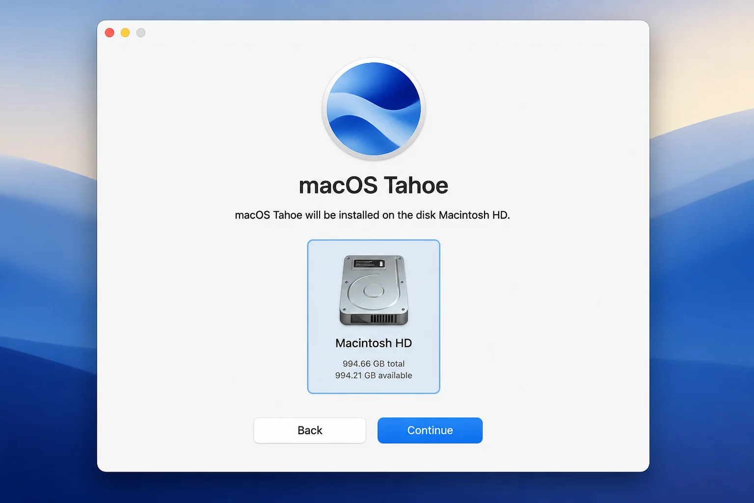 macOS installer showing macOS Tahoe will be installed on the disk Macintosh HD