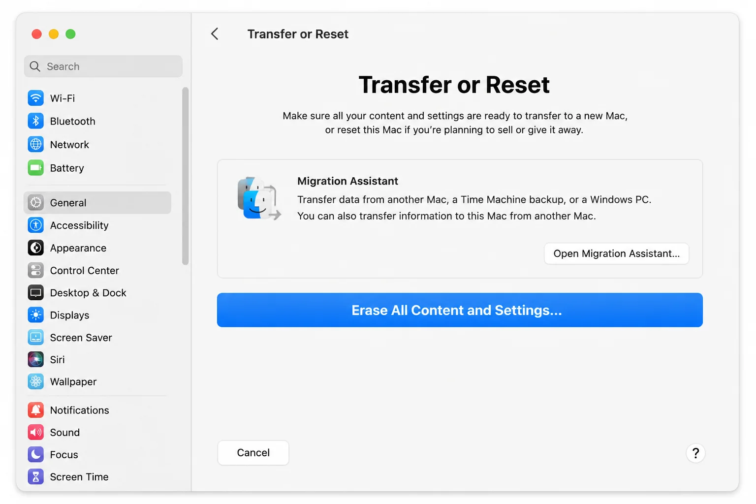 macOS System Settings Transfer or Reset pane with the Erase All Content and Settings button