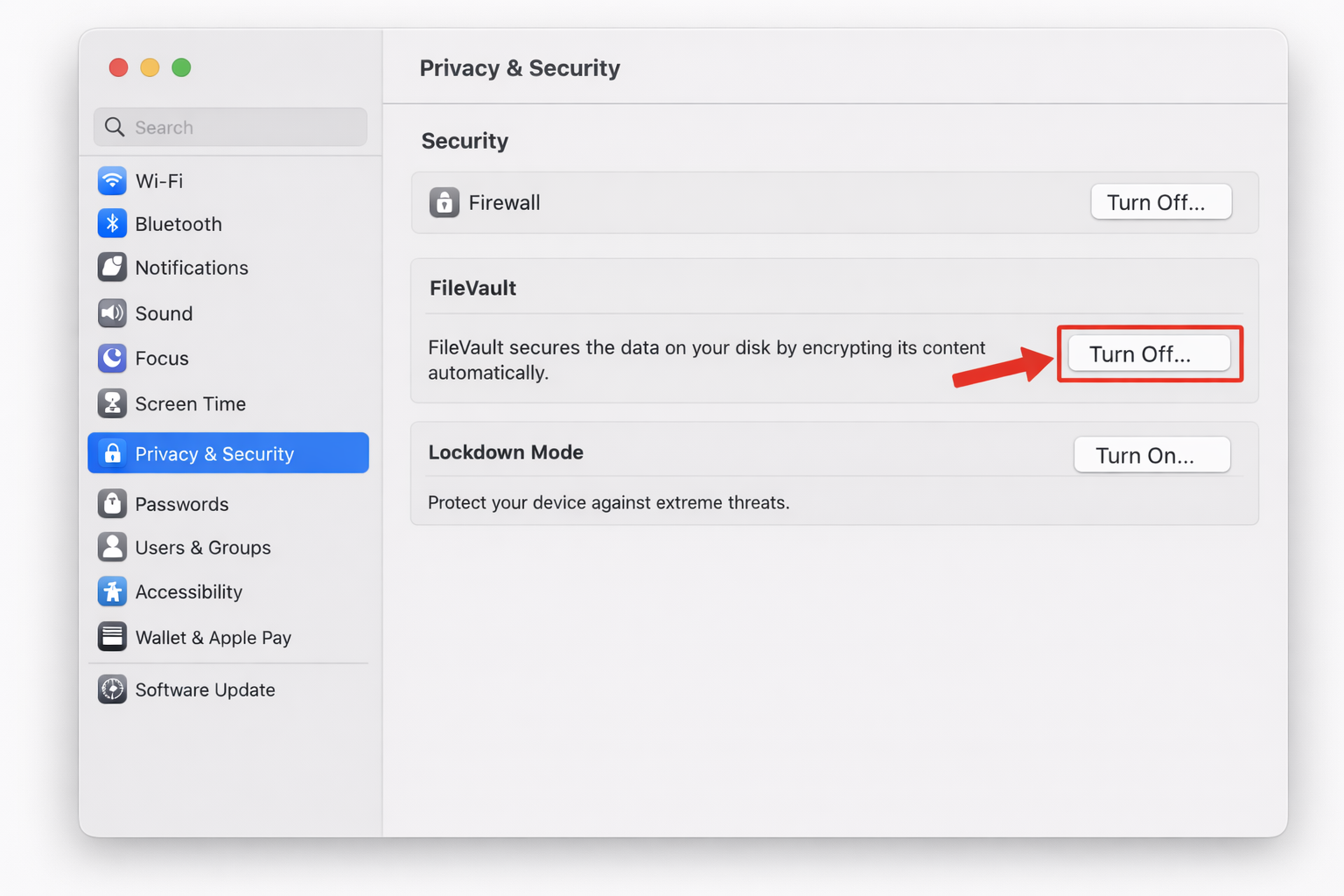 macOS System Settings > Privacy & Security > FileVault with the "Turn Off FileVault" button highlighted