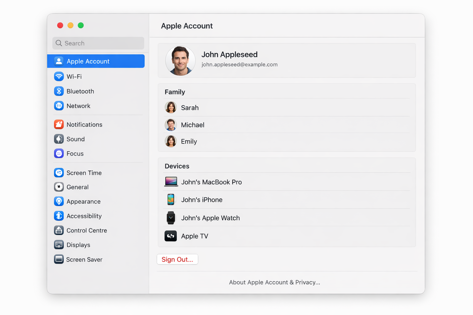 macOS System Settings > Apple ID account page with the Sign Out button visible at the bottom