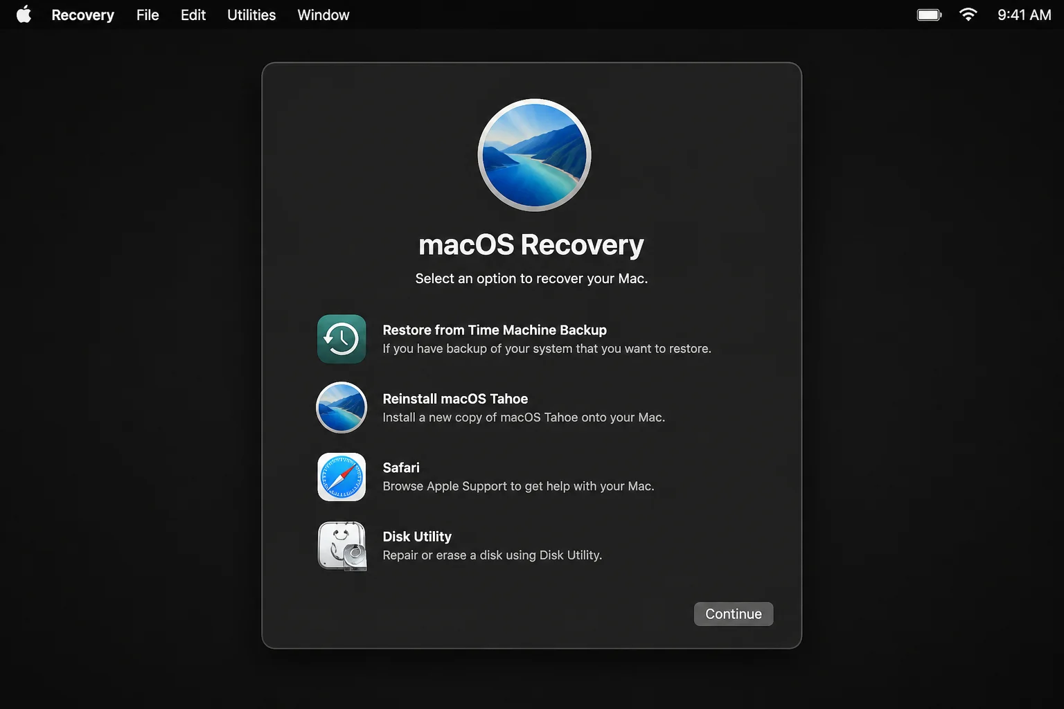 macOS Recovery Mode screen listing Restore from Time Machine Backup, Reinstall macOS Tahoe, Safari, and Disk Utility