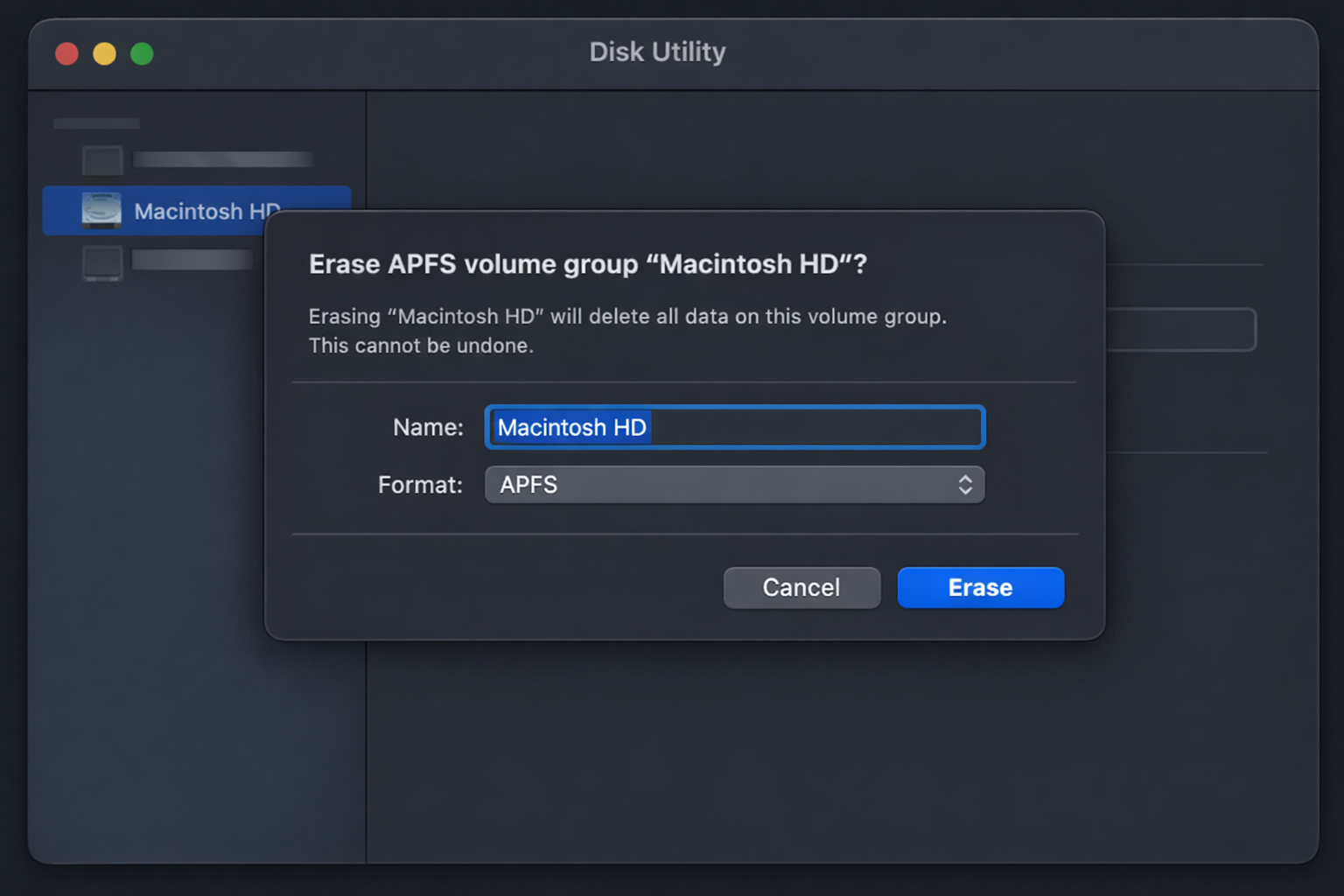 Disk Utility in Recovery Mode with Macintosh HD selected in the sidebar and the Erase button highlighted in the toolbar