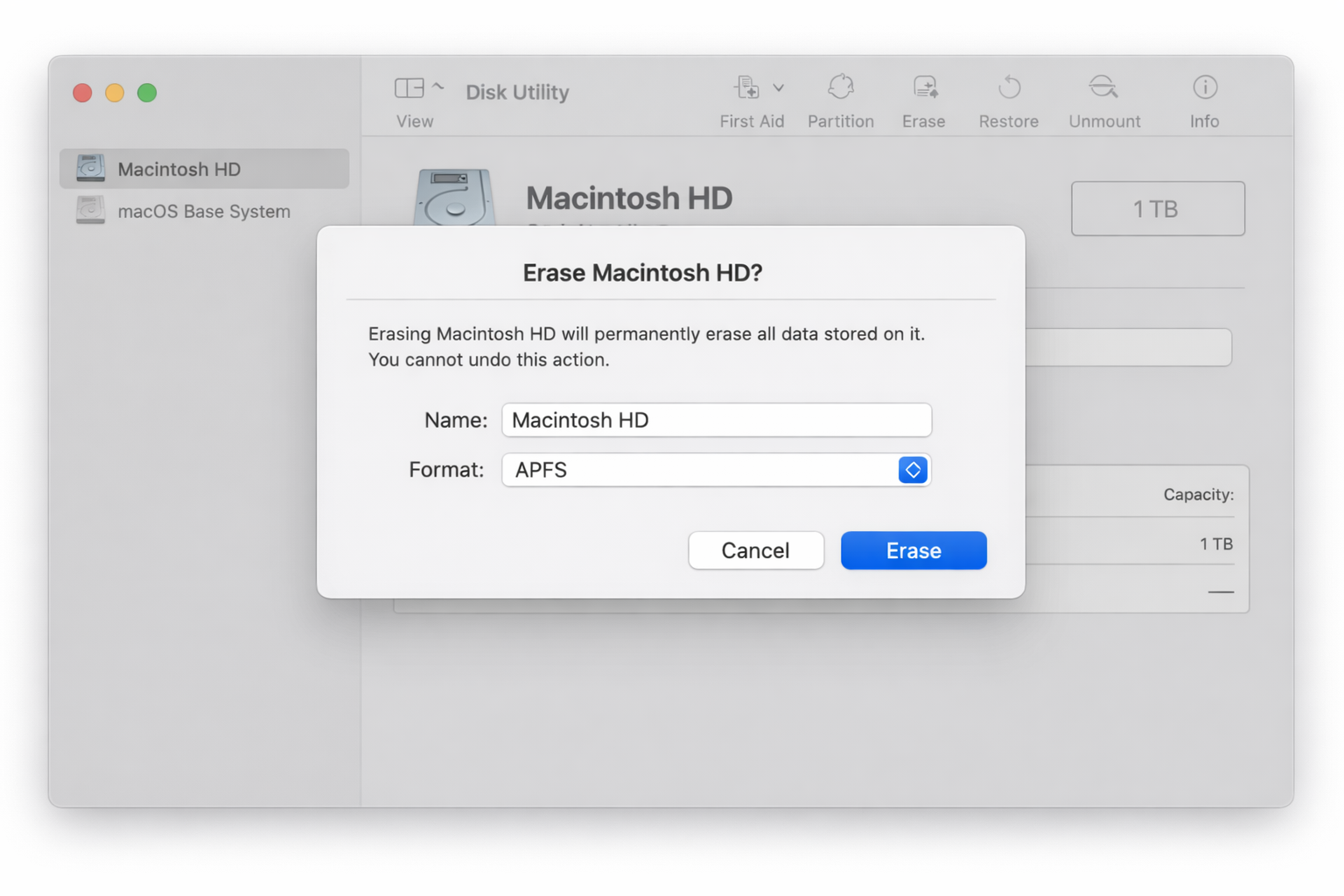 Disk Utility Erase confirmation dialog for Macintosh HD showing APFS format selected and the Erase button