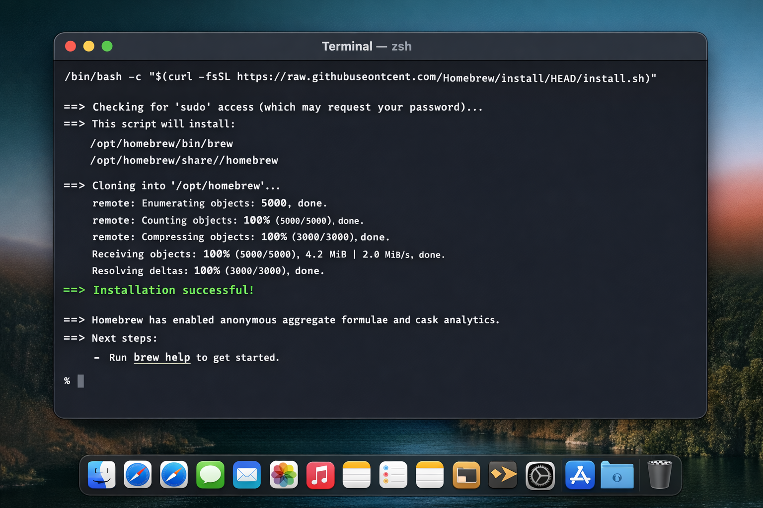 Terminal window on macOS Sequoia showing the Homebrew installation command being run, with output indicating successful install to /opt/homebrew on Apple Silicon