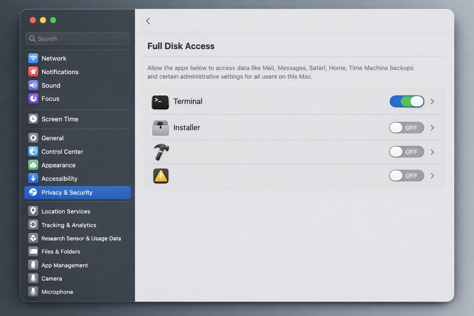 macOS Sequoia System Settings > Privacy & Security > Files and Folders with Terminal listed and full disk access enabled