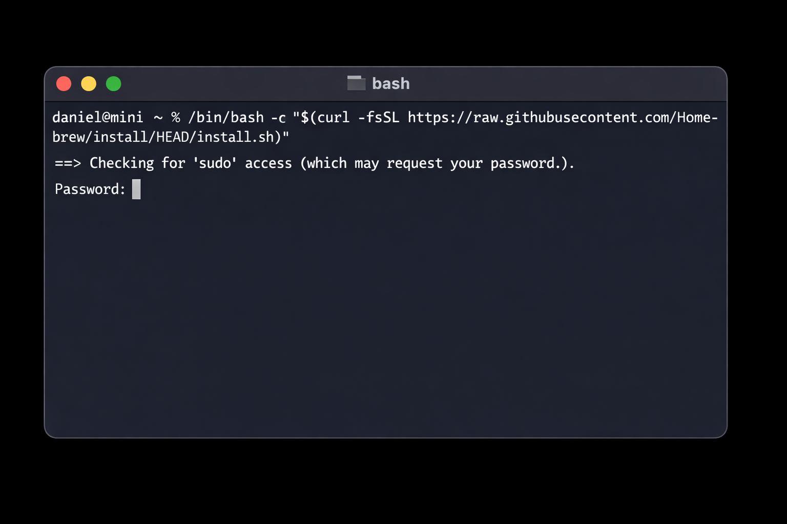 Terminal window showing the Homebrew install command typed out, with the script beginning to run and prompting for the user's password