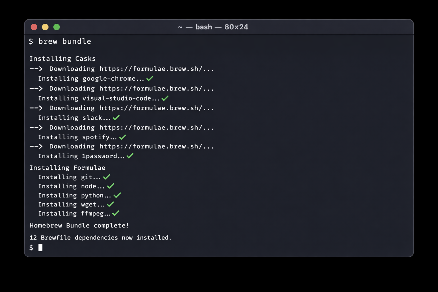 Terminal window showing "brew bundle" running with multiple casks and formulae being downloaded and installed sequentially, progress output visible