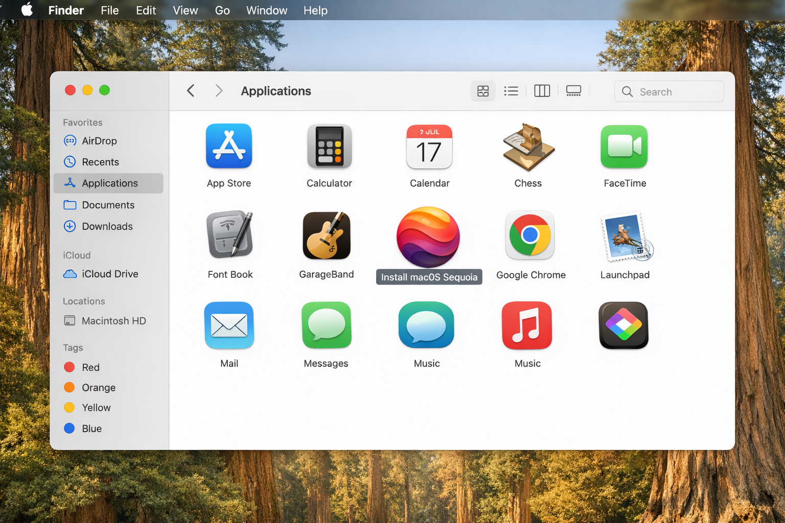 Finder window showing Applications folder with "Install macOS Sequoia.app" visible