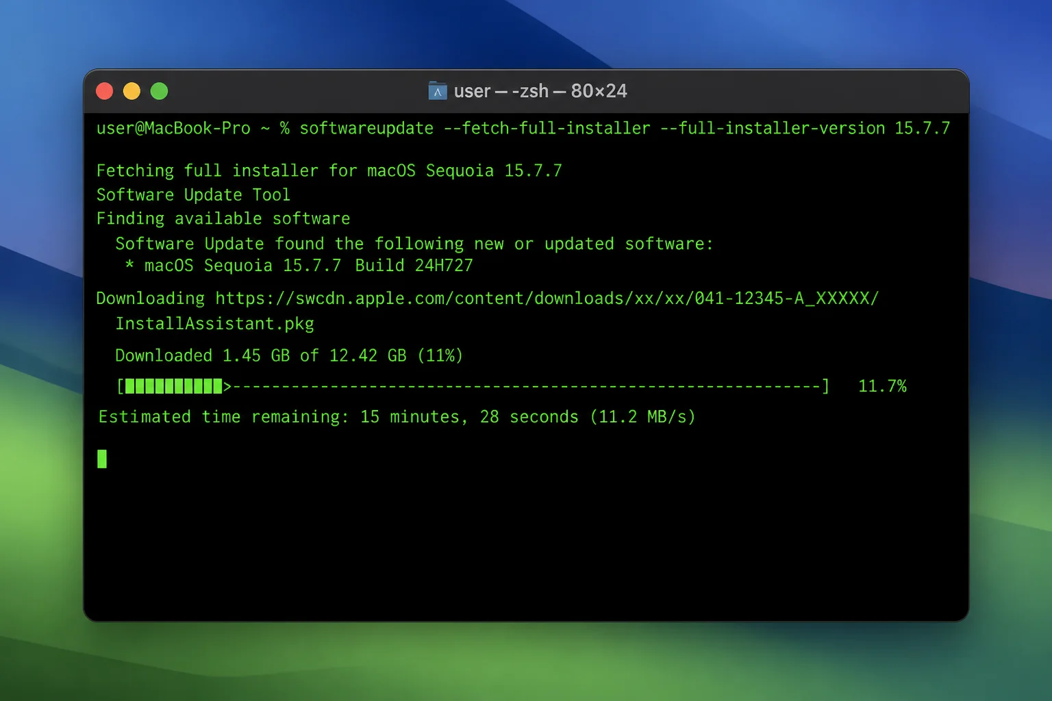 Terminal window showing the softwareupdate --fetch-full-installer command running, with download progress visible