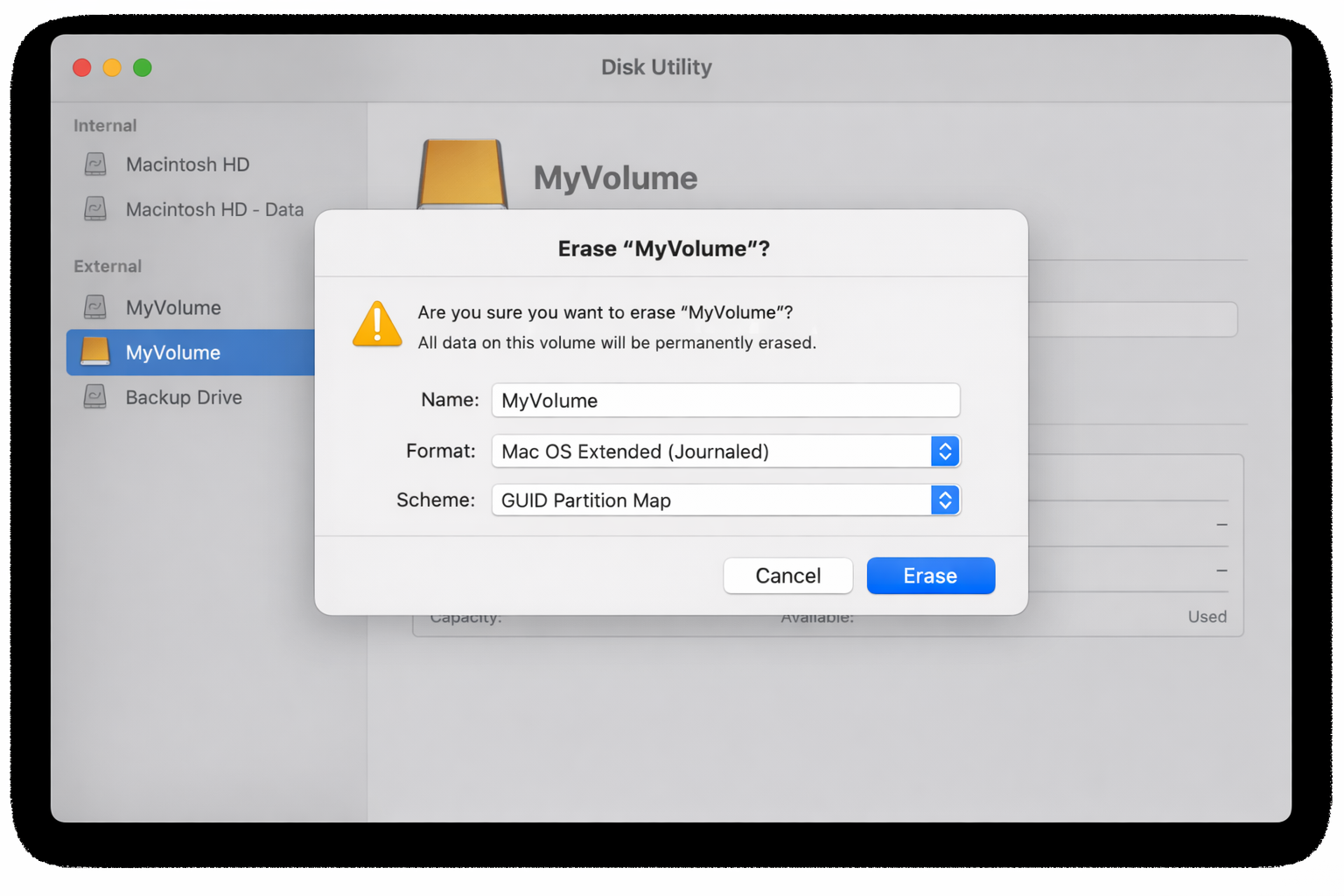 Disk Utility window with a USB drive selected, Erase sheet open showing Mac OS Extended (Journaled) format and GUID